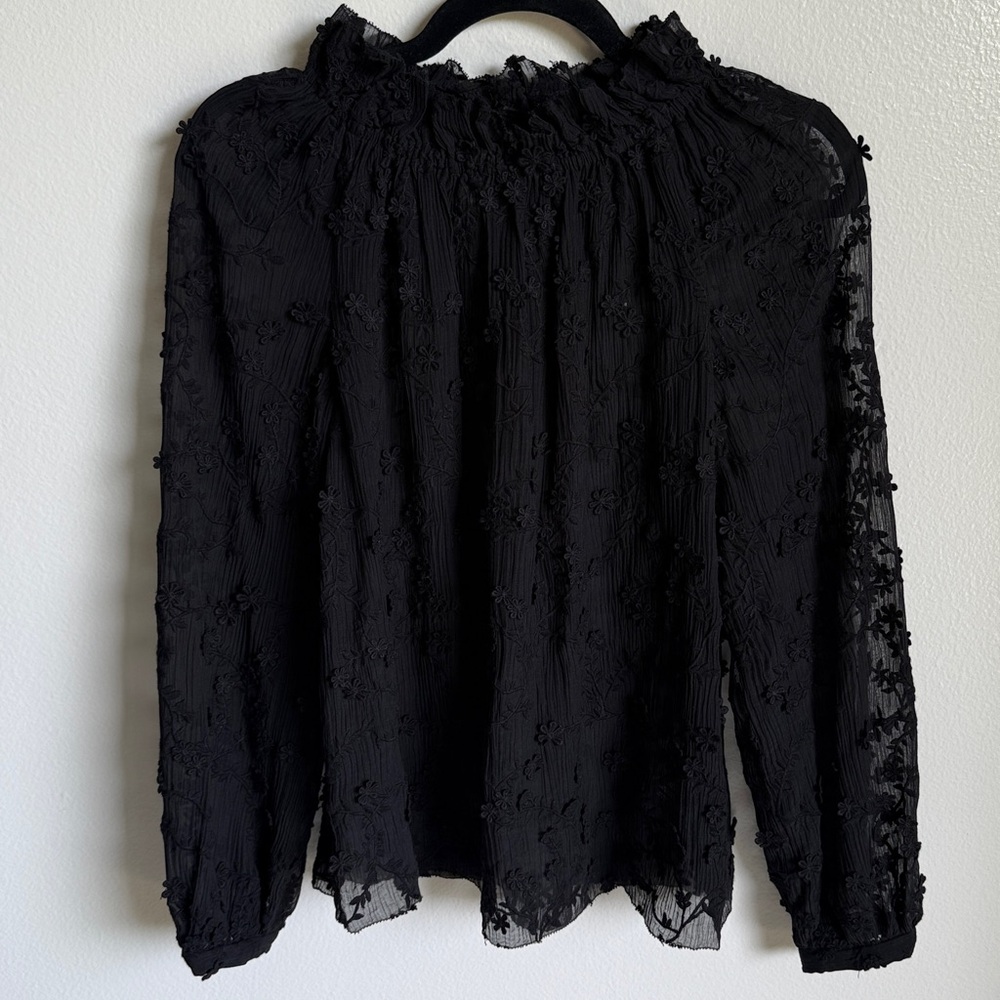 Rebecca Taylor Black Sheer Lacy Floral High Neck Long Sleeve Blouse Top, Size 2